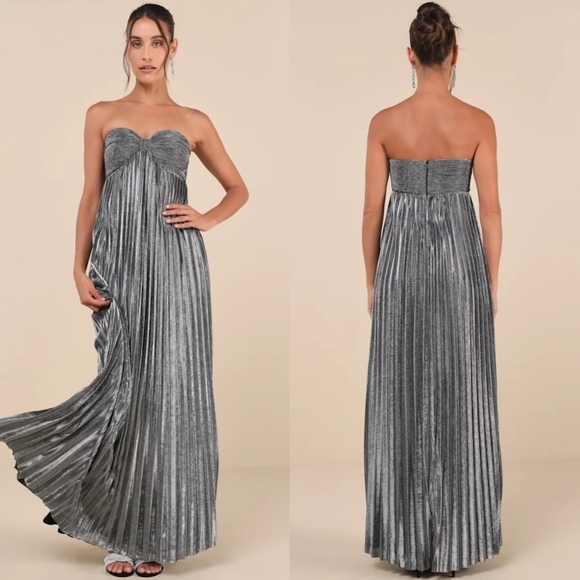 Lulus Glittering Luxury Silver Lurex Pleated Strapless Maxi Dress Wedding Prom - Picture 1 of 9
